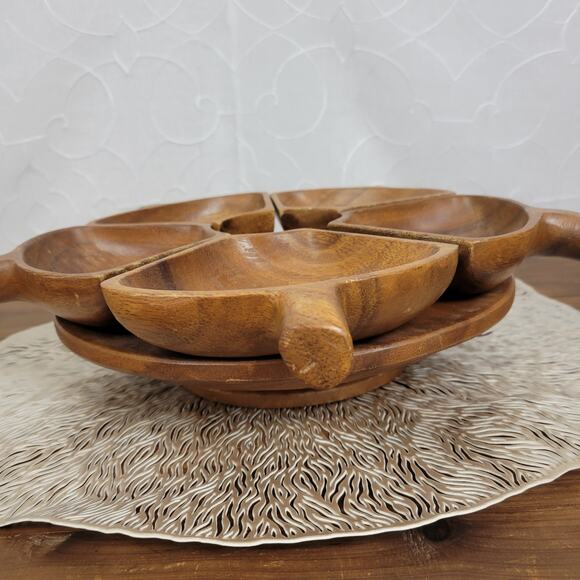Vintage Monkey Pod Lazy Susan Kitchen Serving Wooden Handle Tray MCM - Picture 2 of 7